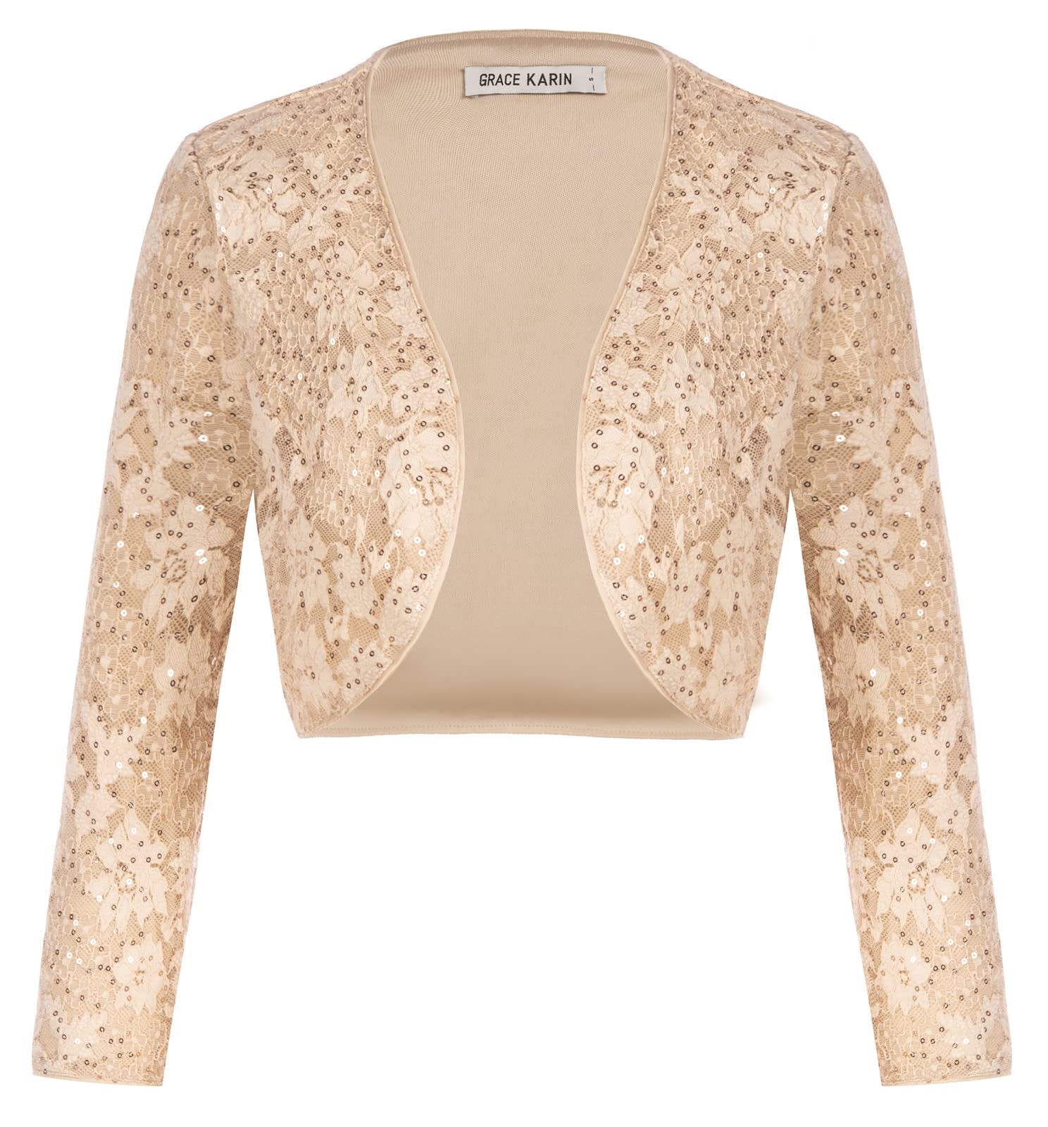 Sequin Shrug Bolero Long Sleeve 3/4 Glitter Evening Jacket 100% Polyester – Apricot XL