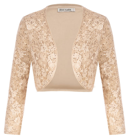 Sequin Shrug Bolero Long Sleeve 3/4 Glitter Evening Jacket 100% Polyester – Apricot XL