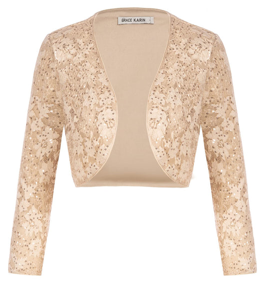 Sequin Shrug Bolero Long Sleeve 3/4 Glitter Evening Jacket 100% Polyester – Apricot XL