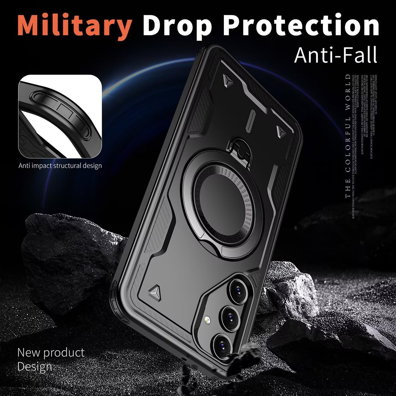 Samsung Galaxy A25 / A25 5G Phone Case Heavy Duty Military Shockproof with 2x Screen Protectors Metal Ring Stand – Black