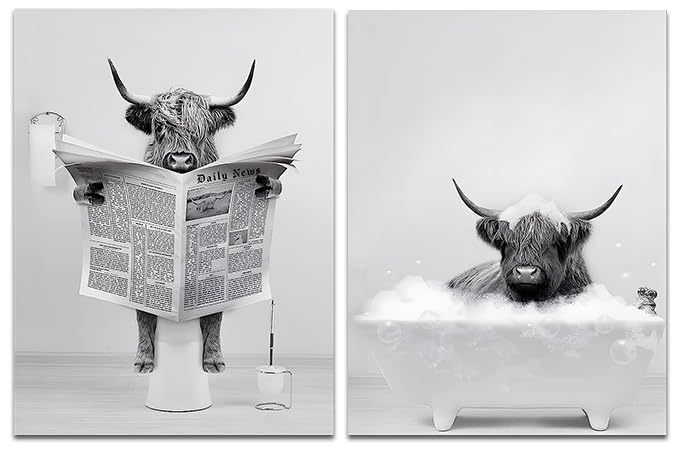 Highland Cattle Wall Poster Set Black & White Animal Print Home Decoration – 40x60cm (set of 2)