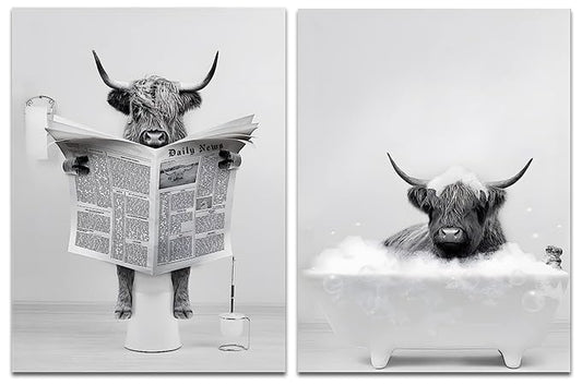 Highland Cattle Wall Poster Set Black & White Animal Print Home Decoration – 40x60cm (set of 2)