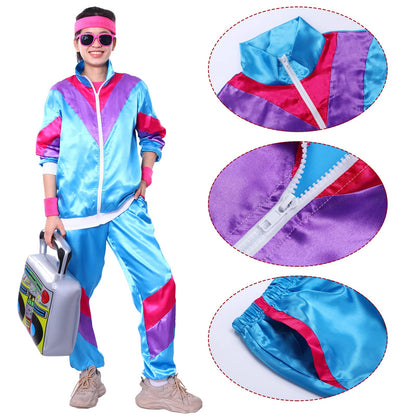 80s/90s Tracksuit Jacket & Pants Retro Costume Sweatbands Sunglasses Fancy Dress – Blue XL