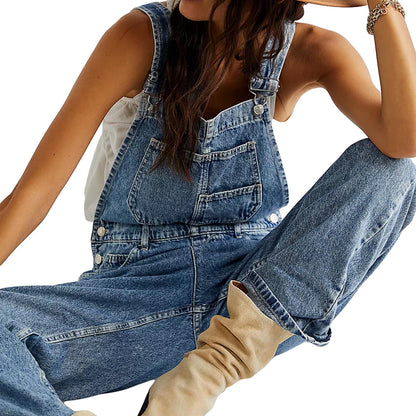 Women's Sleeveless Denim Dungarees Loose Fit Baggy Long Overalls Slingback Jeans – Light Blue XXL