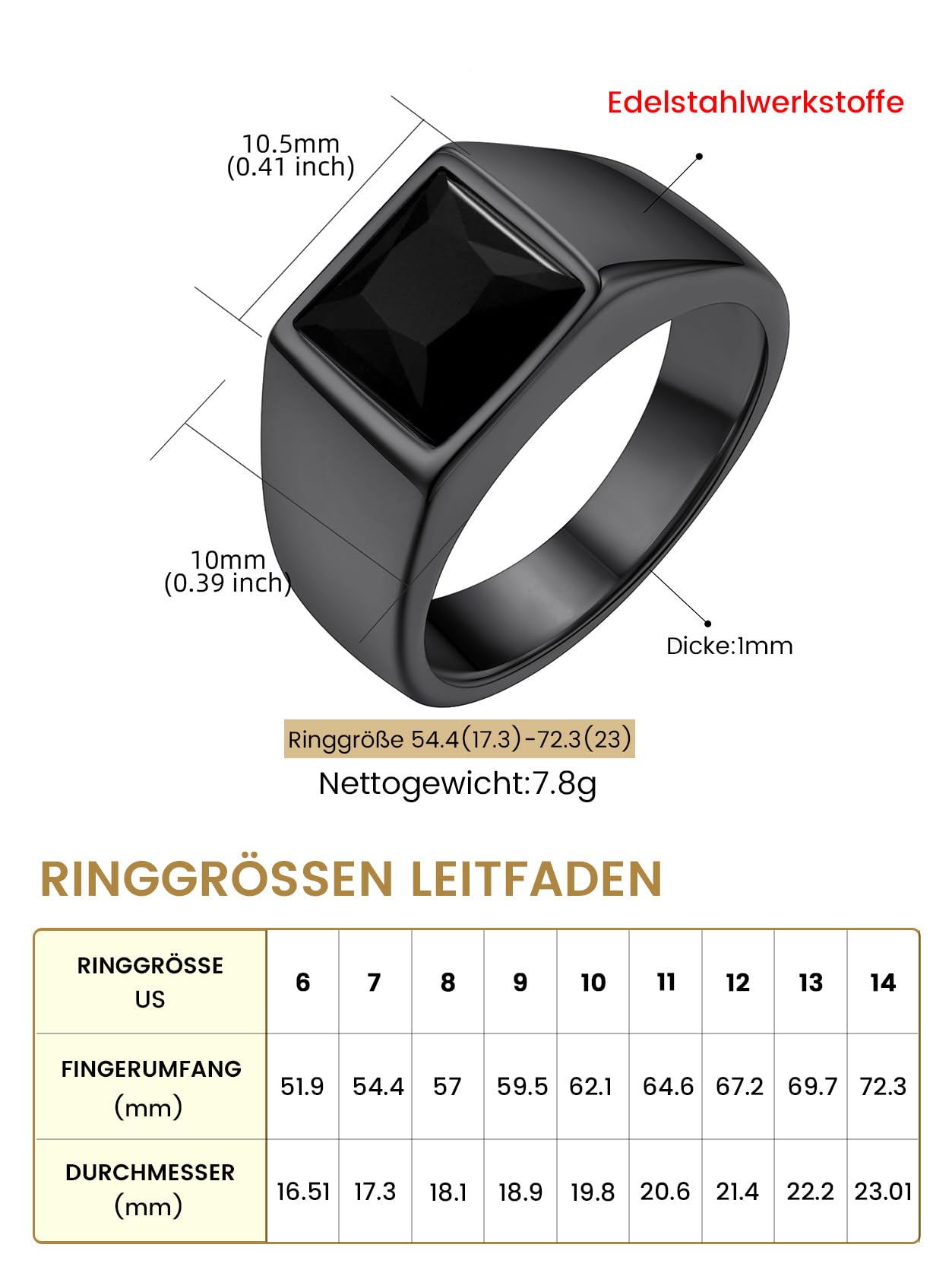 Signet Ring Stainless Steel Stone 8mm Wide Band – Black 72mm