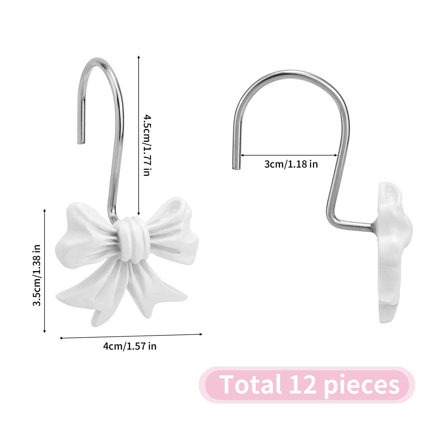 Shower Curtain Hooks 12pcs Bow Knot Decorative Metal Rings – White