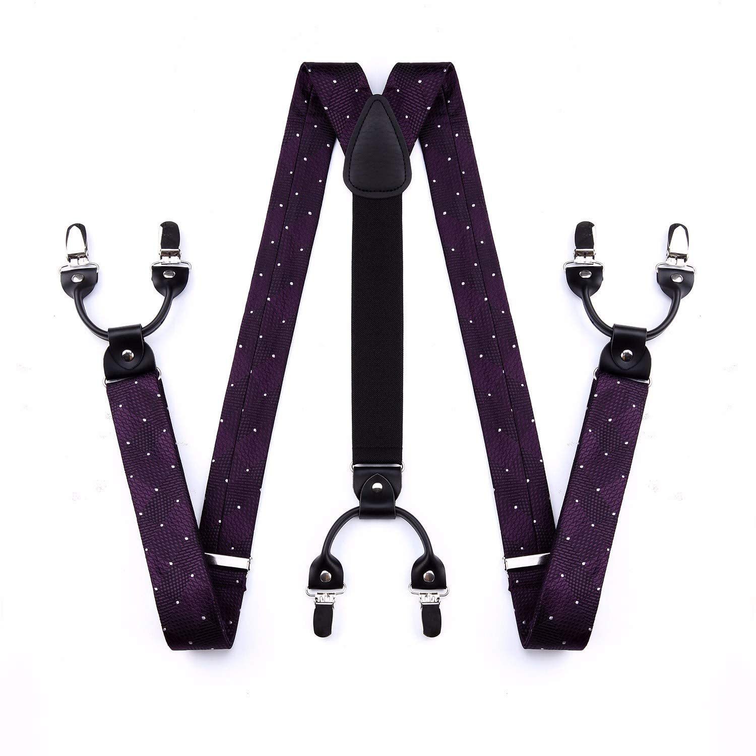 Men's suspenders set with purple bow tie Y-shape adjustable 3.5cm wide elastic with 6 clips - Purple