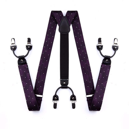 Men's suspenders set with purple bow tie Y-shape adjustable 3.5cm wide elastic with 6 clips - Purple