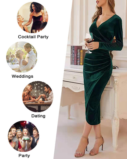 CheChury Women's Elegant Long Sleeve V-Neck Bodycon Party Cocktail Maxi Dresses Autumn and Winter Solid Color with Irregular