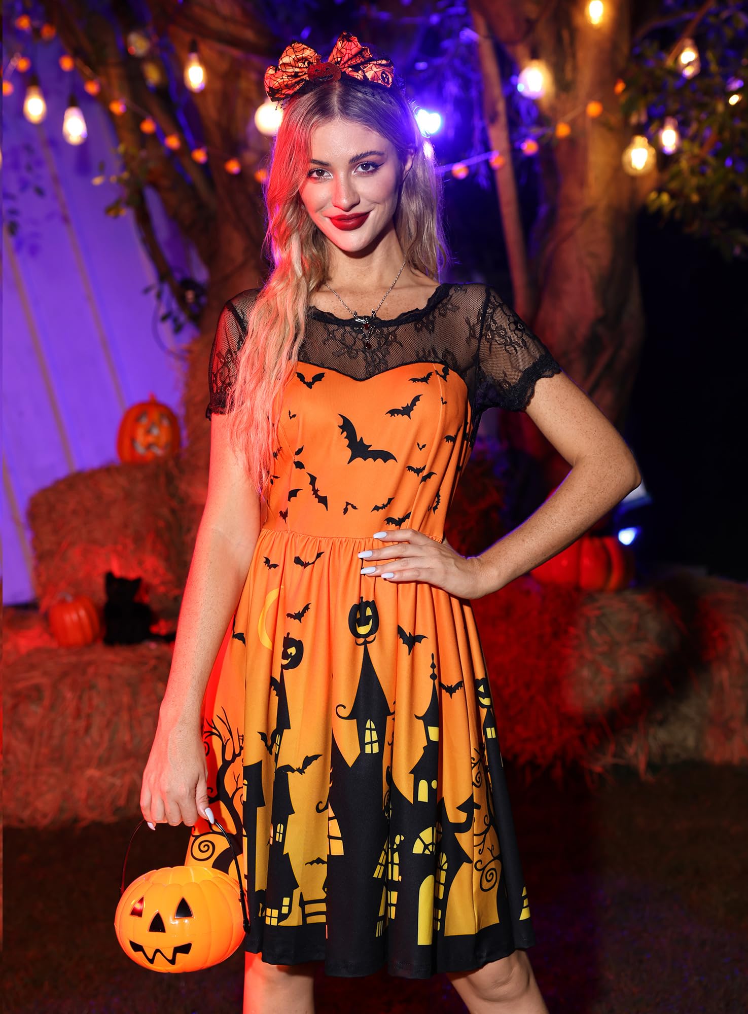 Women's Halloween Party Dress Black Lace Collar Low Back Short Sleeve – Orange M
