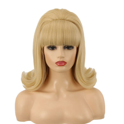 60s Wig | FVCENT Hippie Wig 70s Retro Beehive Style Vintage Look Flicked Beehive Bob Outward Wavy Wig with Bangs (Blonde)