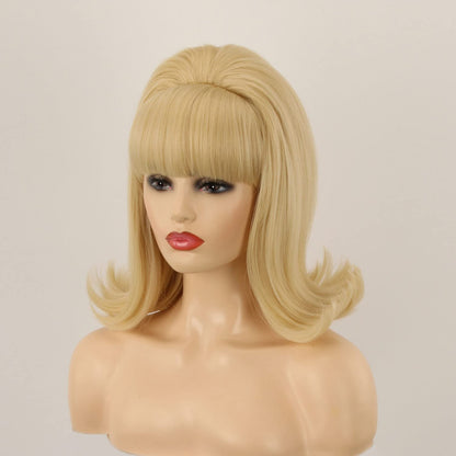 60s Wig | FVCENT Hippie Wig 70s Retro Beehive Style Vintage Look Flicked Beehive Bob Outward Wavy Wig with Bangs (Blonde)