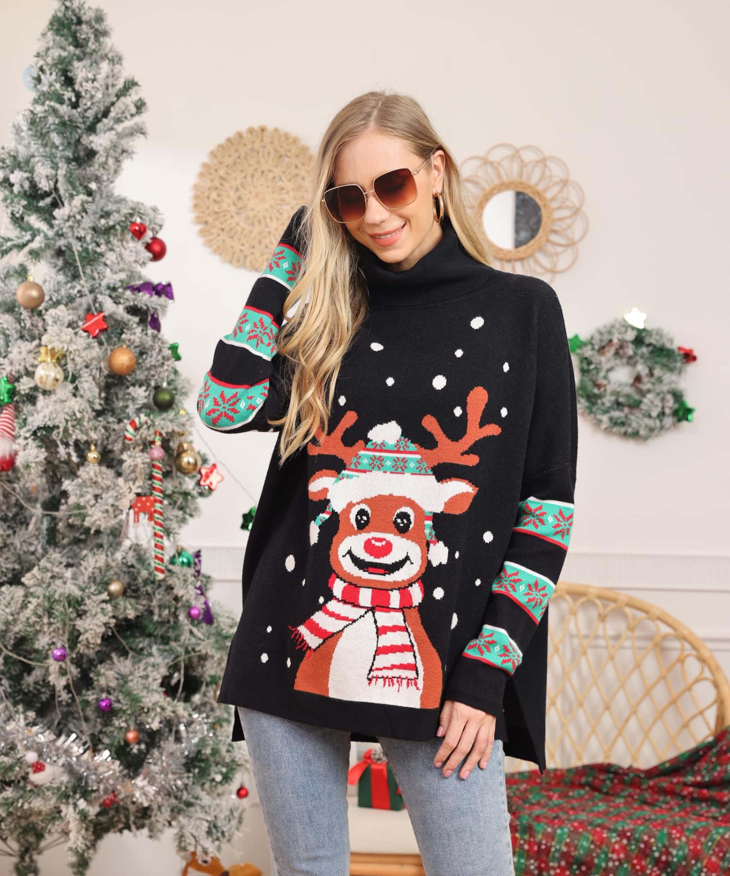 Women's Christmas Sweater Turtleneck – Ugly Moose Print Long Sleeve Loose Fit M
