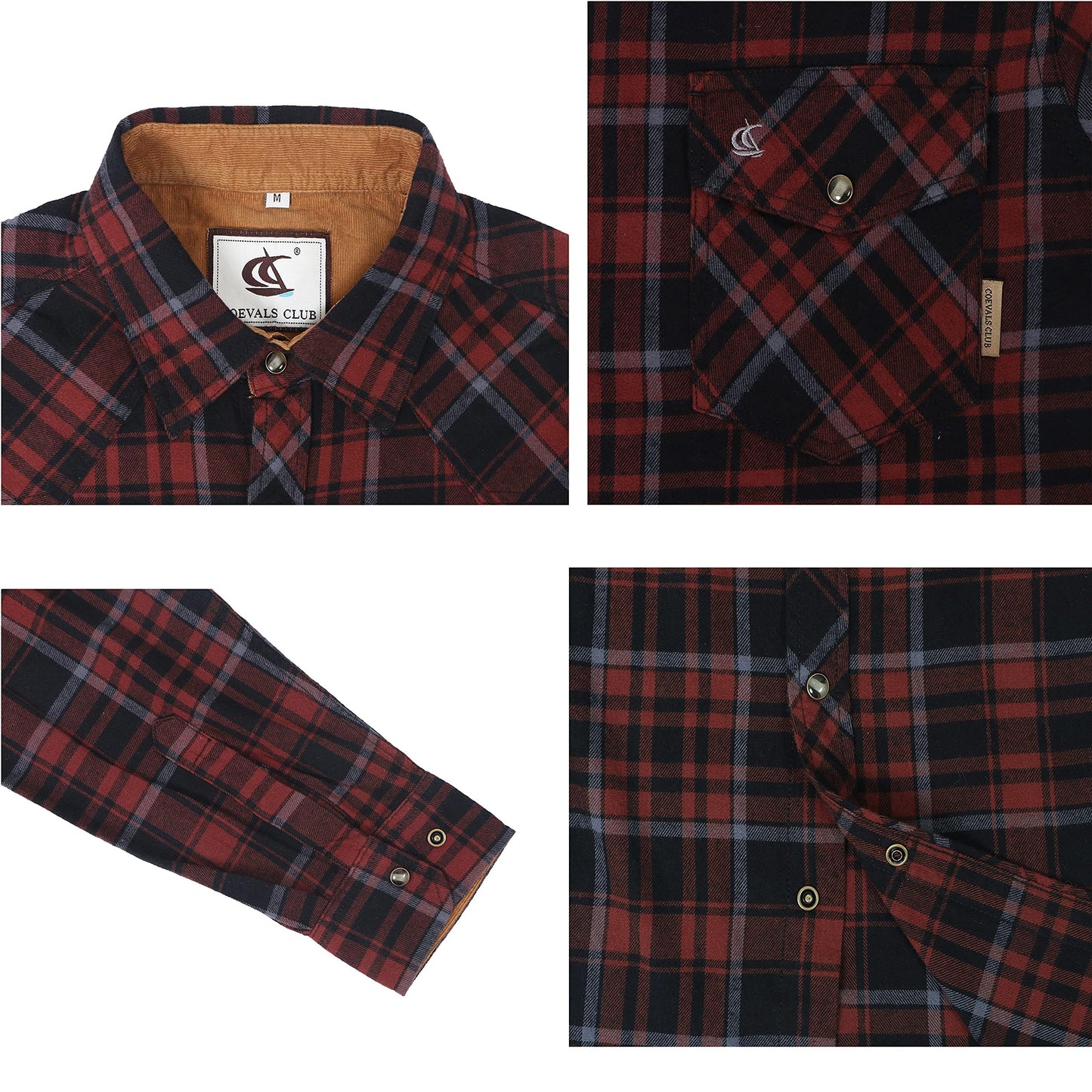 Men's Long-Sleeved Flannel Check Shirt Snap Buttons Pocket Regular Fit – Russet/Brown/Black 2XL