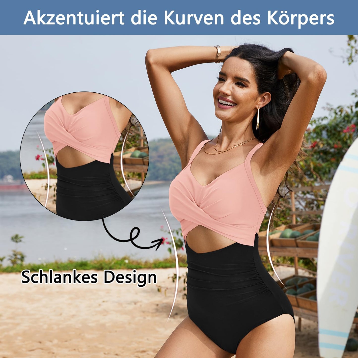PONCEAU Swimsuit Tummy Control Women V Neck Swimwear Push Up Swimsuits Plus Size Cut Out One Piece Beachwear Swimsuit Sexy FX