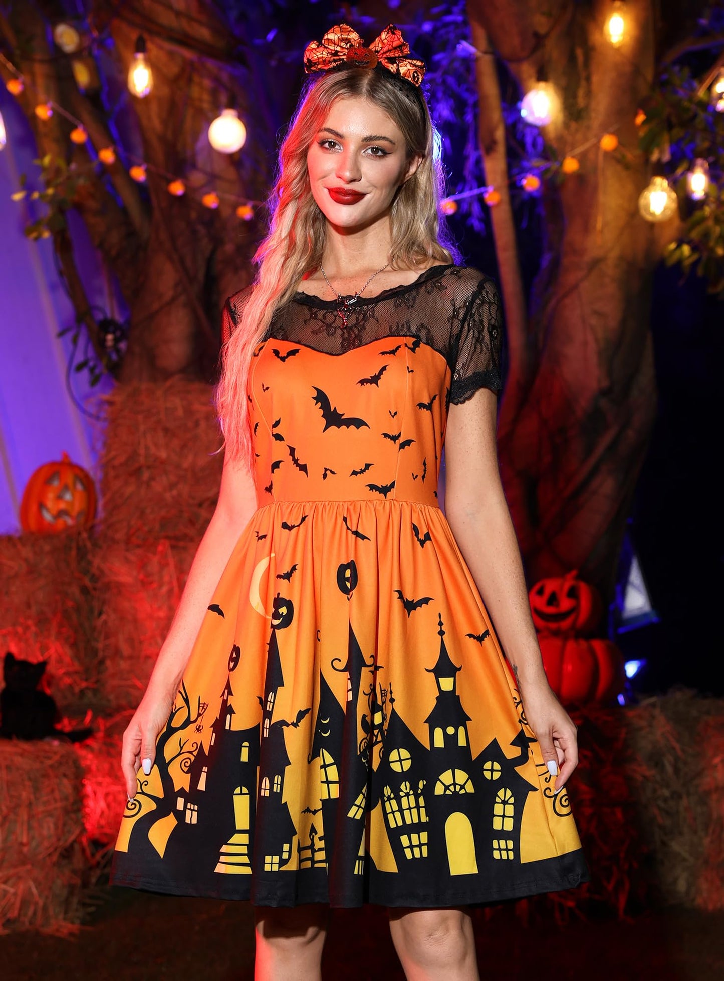 Women's Halloween Party Dress Black Lace Collar Low Back Short Sleeve – Orange M