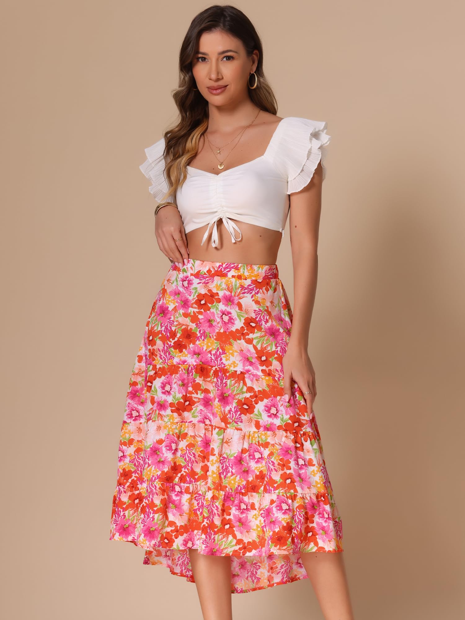 Women's Floral Midi Skirt Elastic Front Irregular Hem – Pink L
