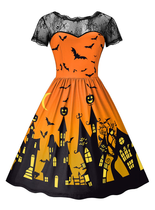 Women's Halloween Party Dress Black Lace Collar Low Back Short Sleeve – Orange M