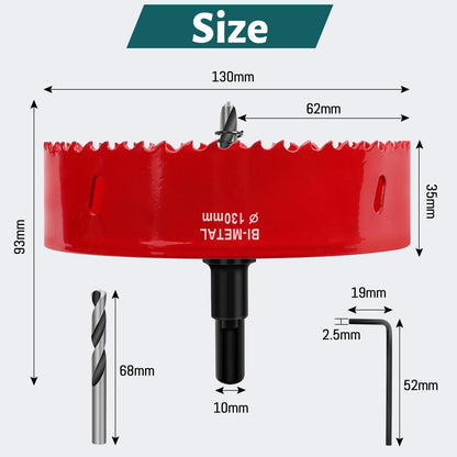 HSS Bi-Metal Hole Saw 130mm with Hex Shank and Drill Bit Set – Red