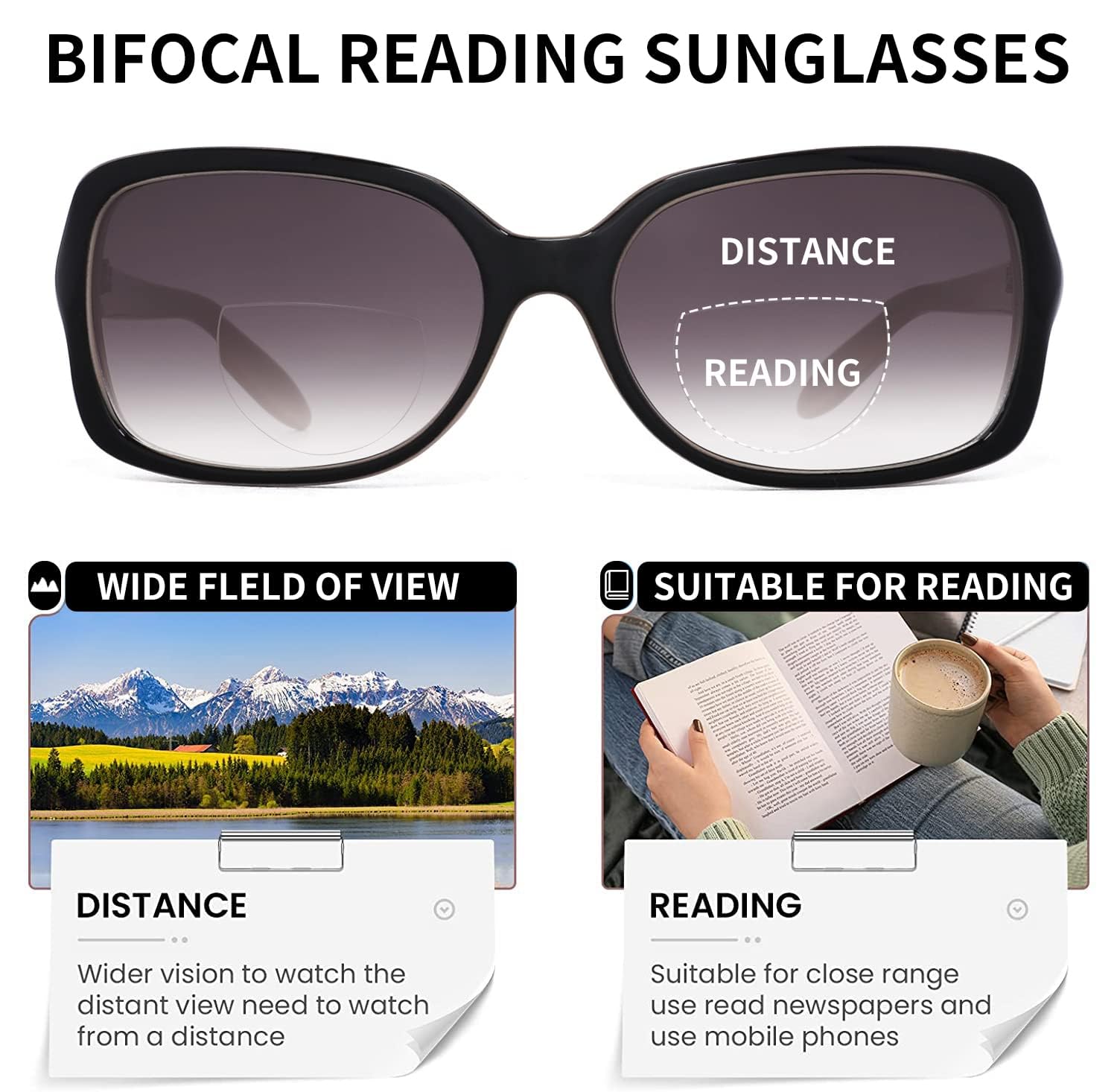 JM Classic Bifocal Reading Glasses Square Stylish Gradient Sunglasses Readers for Women +1.5 Black