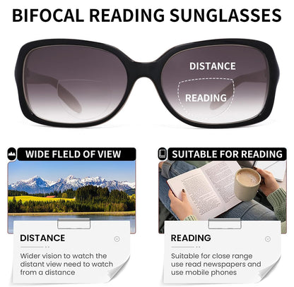 JM Classic Bifocal Reading Glasses Square Stylish Gradient Sunglasses Readers for Women +1.5 Black