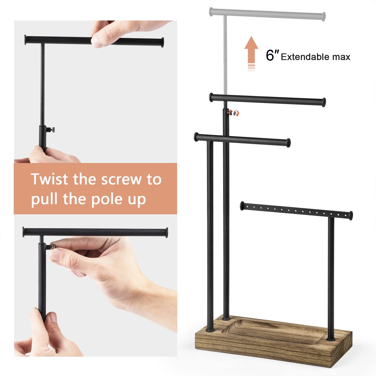 SRIWATANA Jewelry Stand Wooden Jewelry Holder Chain Holder 3 Rods Rotatable (51cm) Jewelry Tree Jewelry Storage for Necklaces