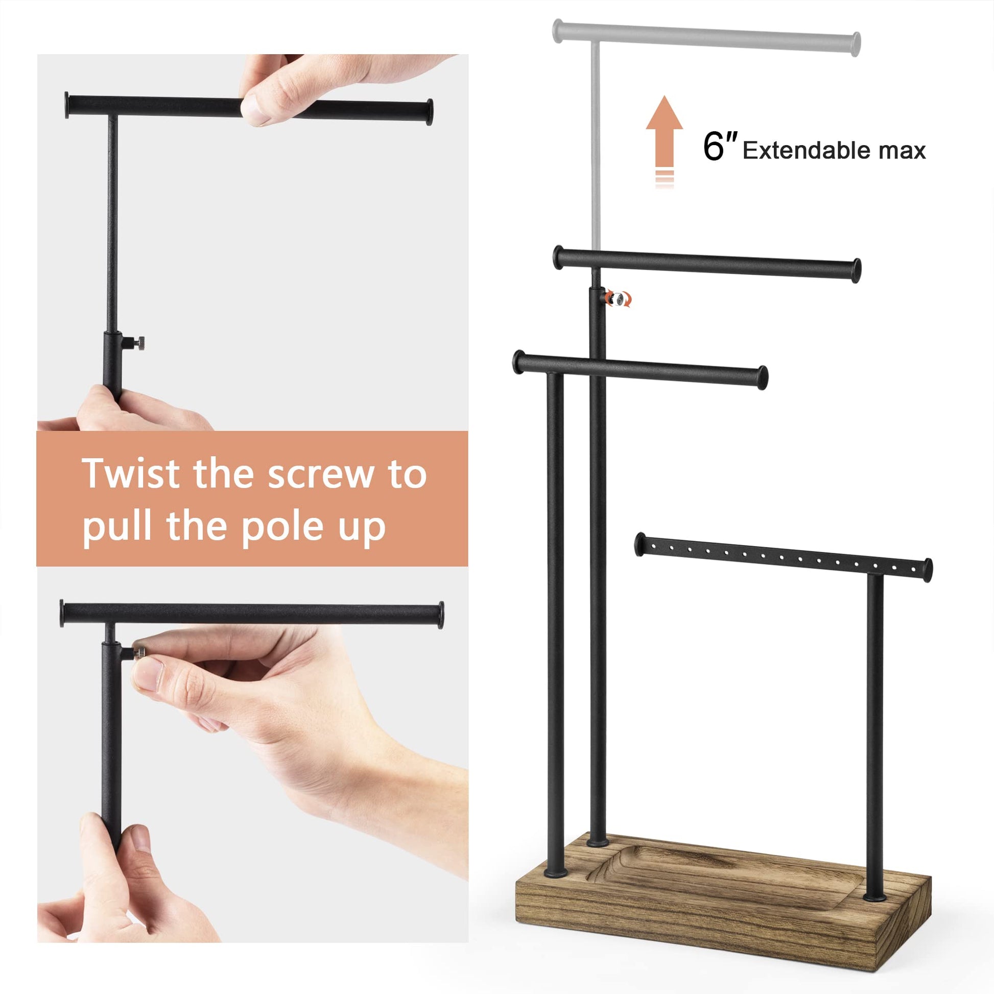 SRIWATANA Jewelry Stand Wooden Jewelry Holder Chain Holder 3 Rods Rotatable (51cm) Jewelry Tree Jewelry Storage for Necklaces