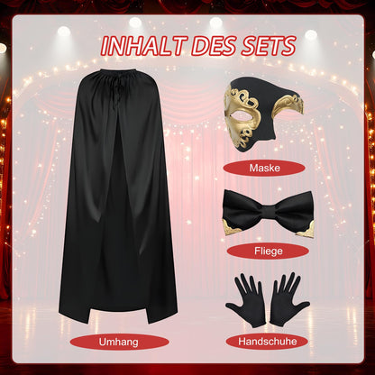 Adult Opera Carnival Costume Cape Venetian Masquerade Mask Gloves Bow Tie – One Size