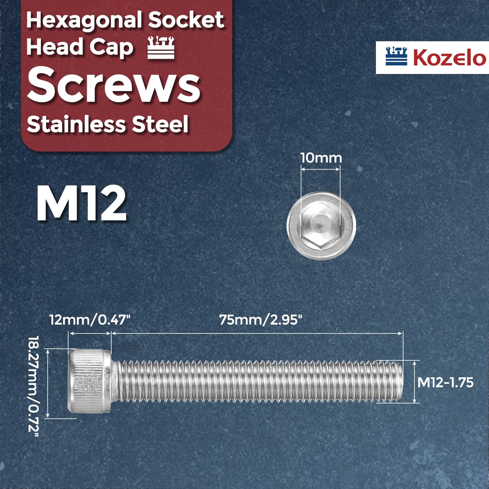 M12x75mm Socket Head Cap Screws 304 Stainless Steel Fully Threaded Allen Drive 2pcs – Silver