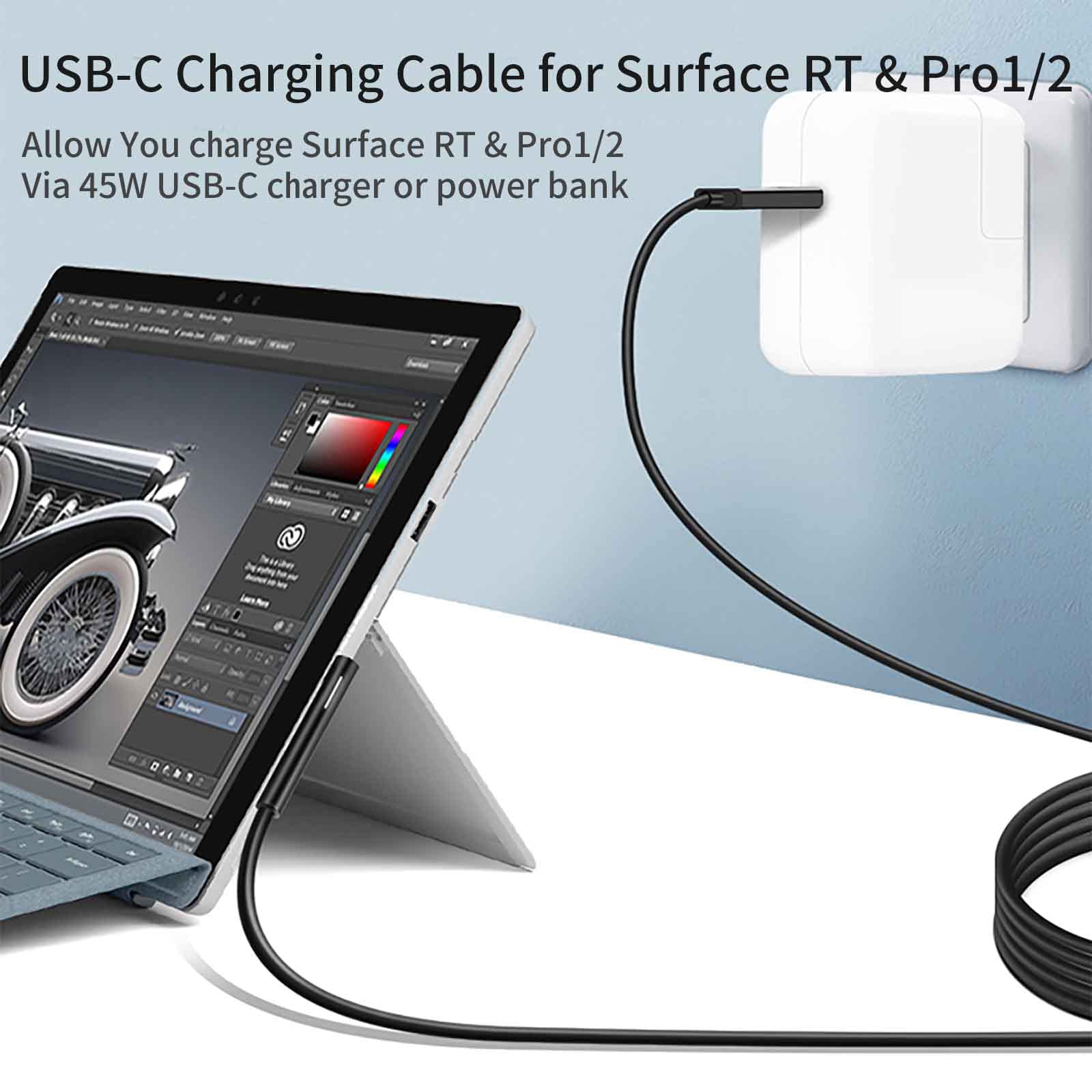 USB C Charging Cable for Surface RT & Pro 1 2 (Black, 1.8 Feet), works with 15V/3A 45W USB-C Charger Compatible with