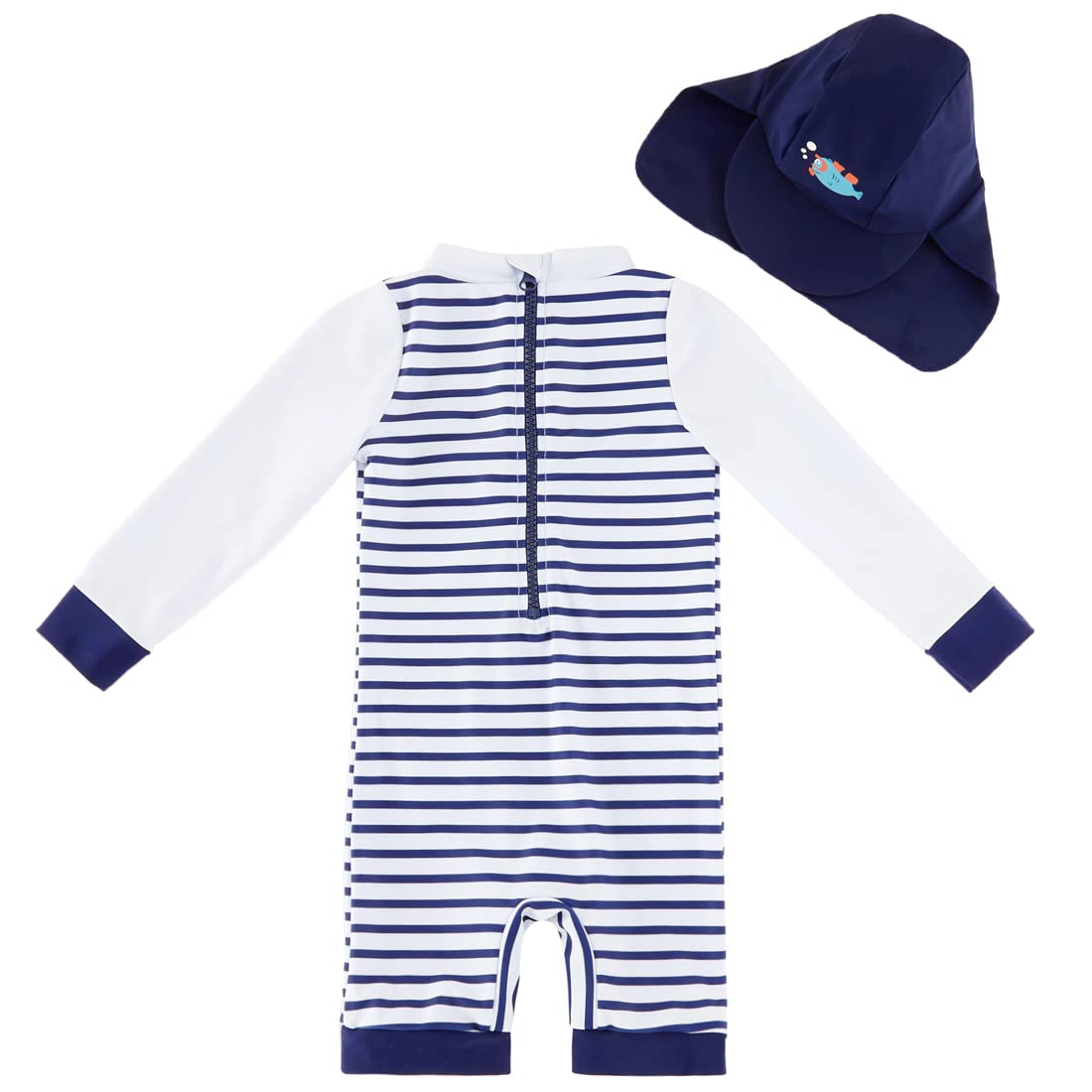Baby Striped Swimsuit UV50+ One-Piece with Sun Hat – Blue Stripes 12-18 months