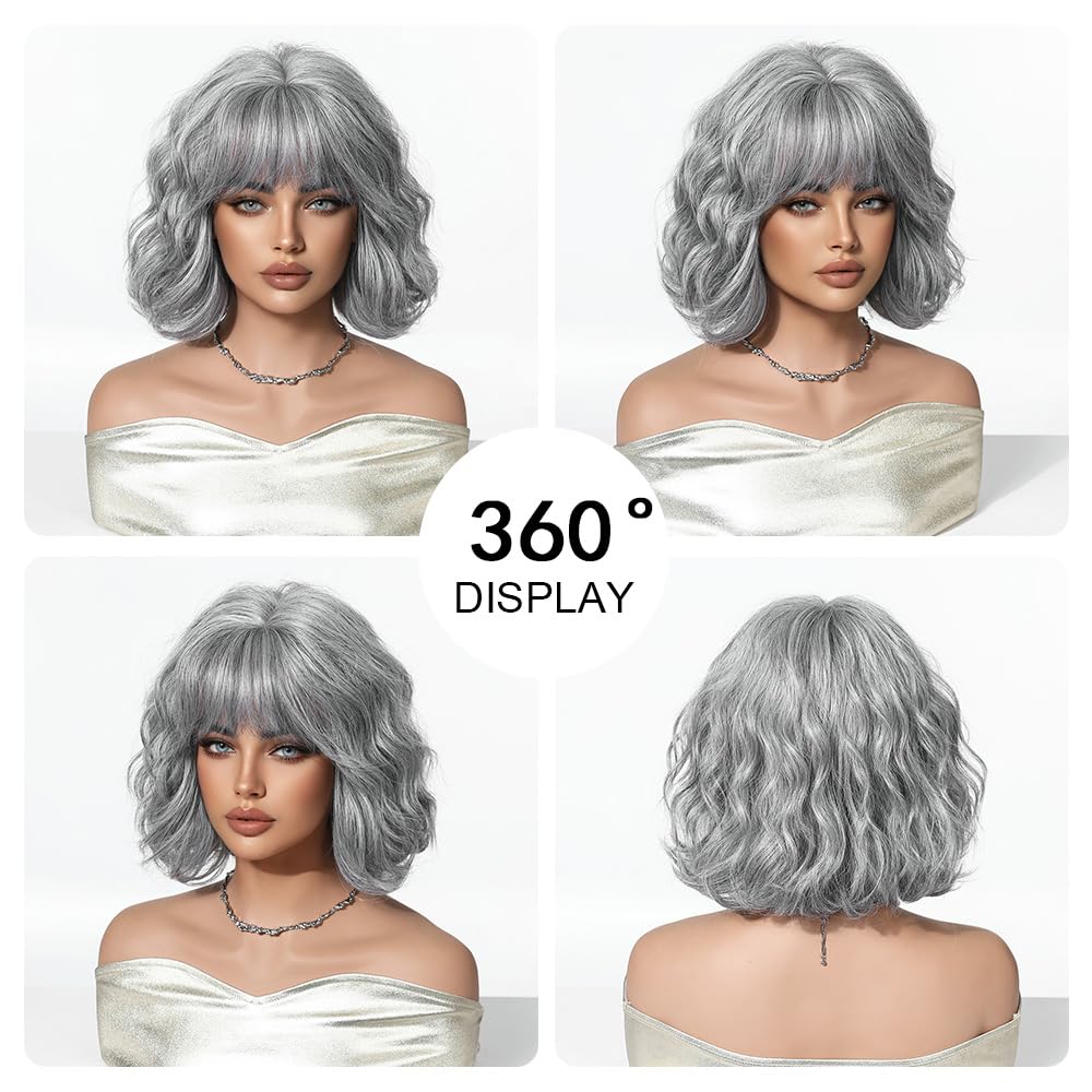 OUFEI Short Wavy Bob Wig Heat Resistant Synthetic Hair – Grey and White