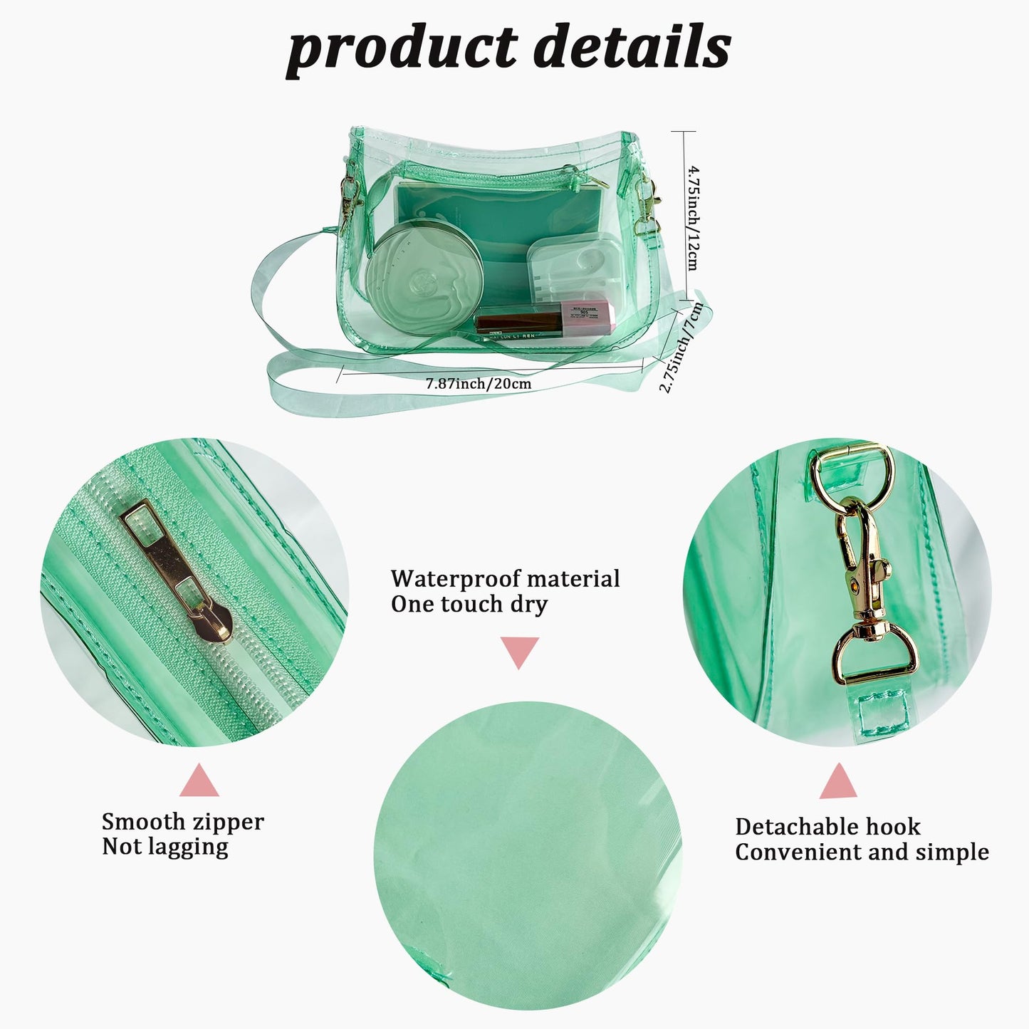 Transparent PVC Crossbody Bag Waterproof Adjustable Strap 20x12x7cm – Mint Green