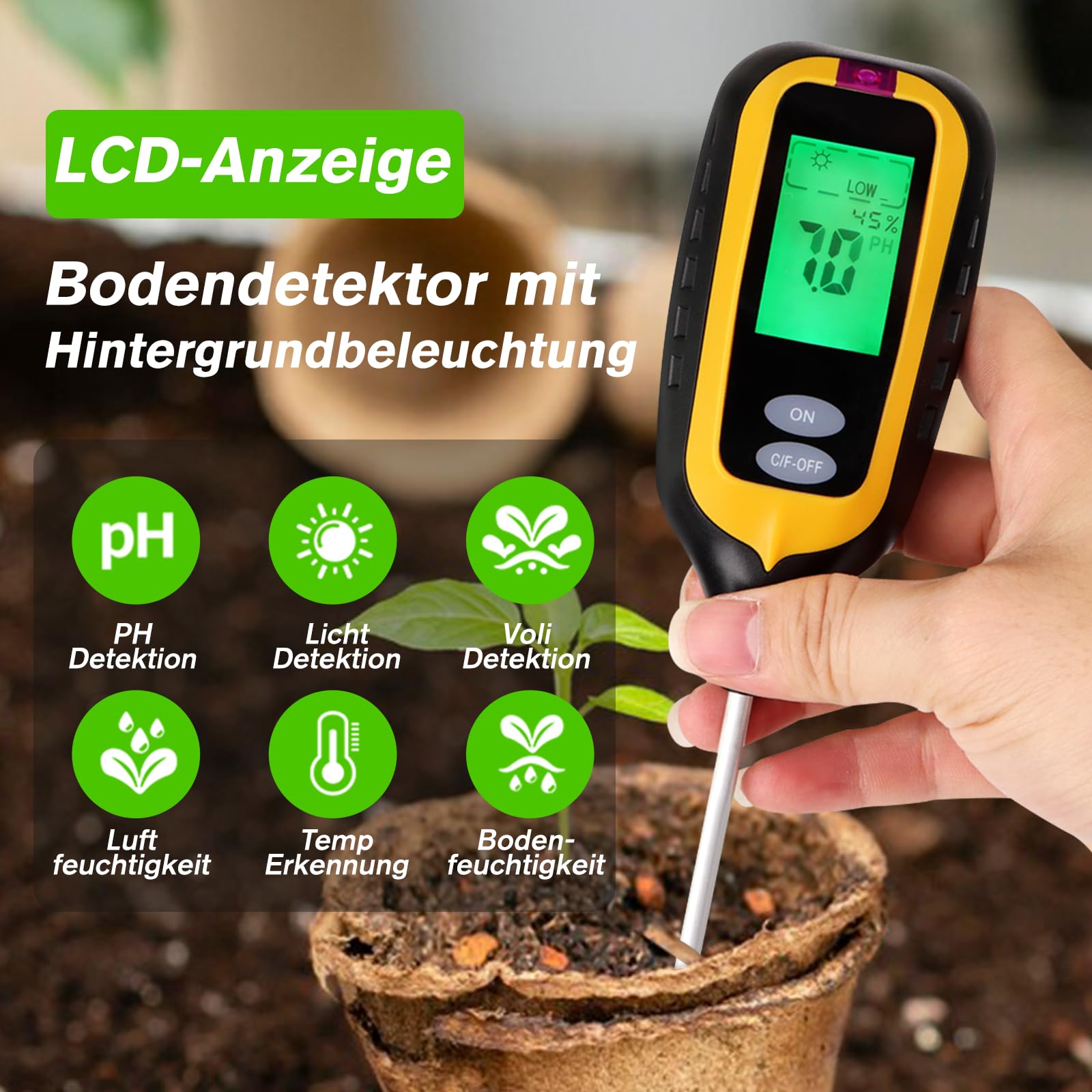 Zilchx ph meter soil, 6-in-1 soil moisture meter for plants, digital soil meter with