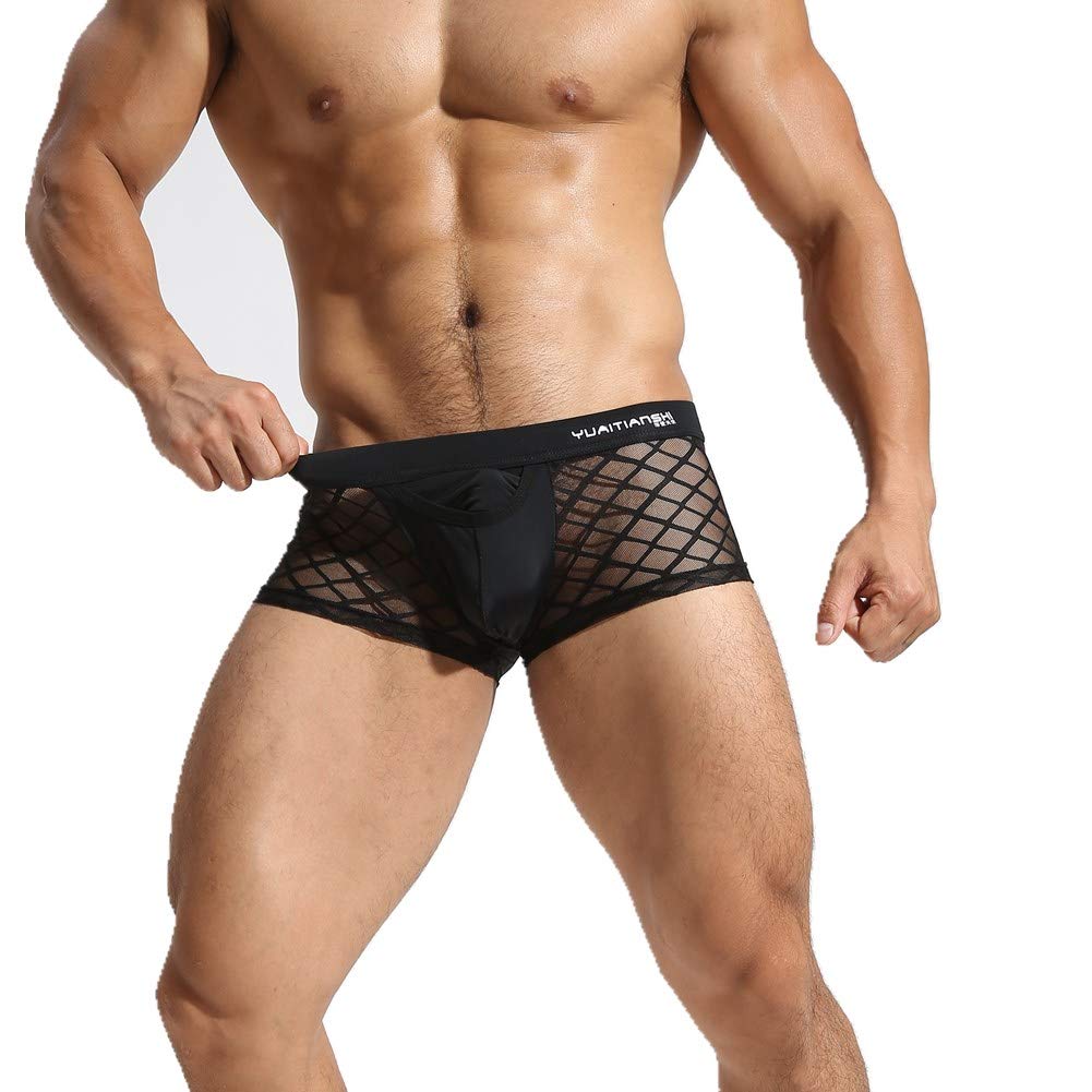 Men's Fishnet Sheer Boxer Briefs Mesh Stripe Transparent Underwear - L