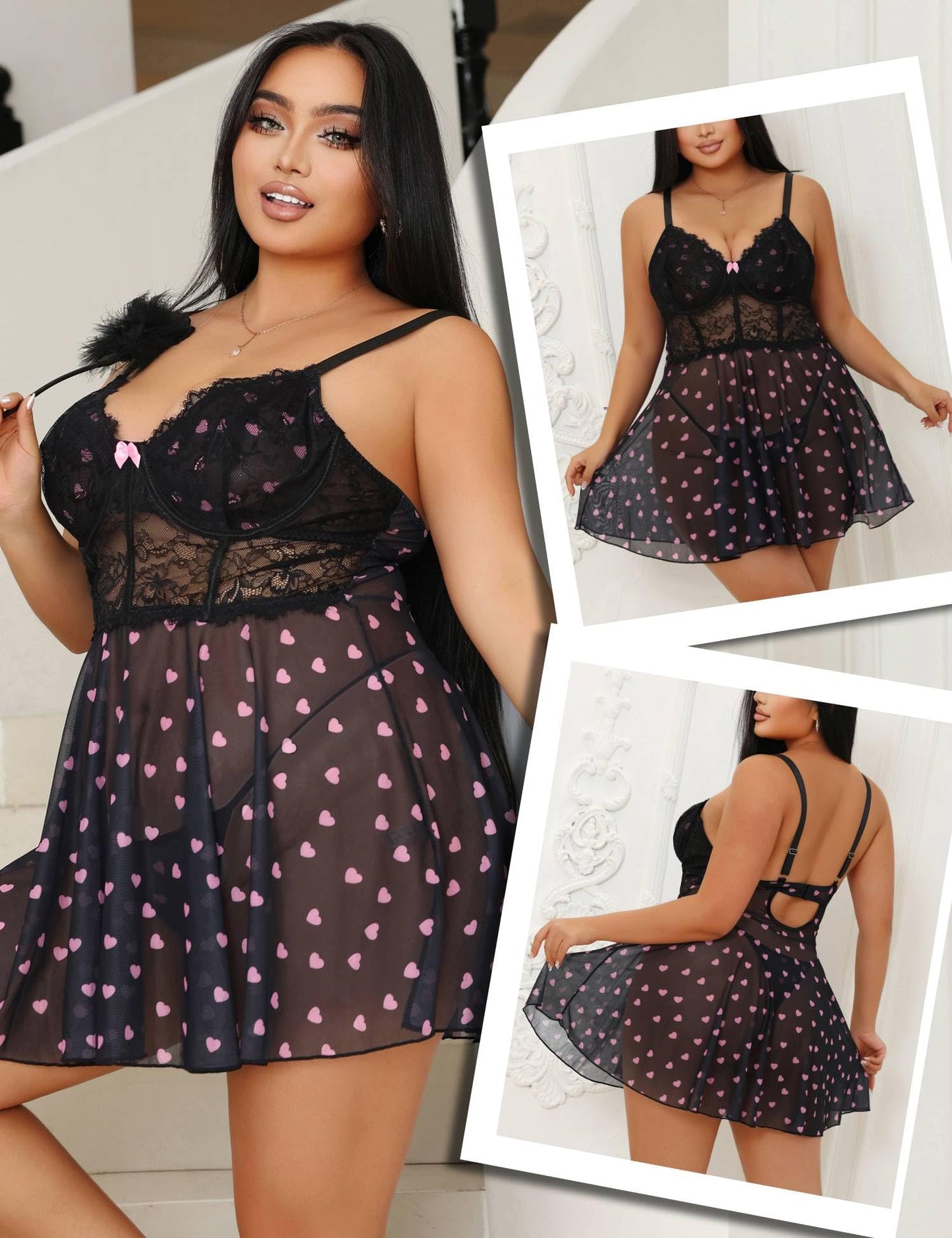 comeondear Babydoll Negligee Plus Size Lingerie Set with Push-Up Cups – Black XL