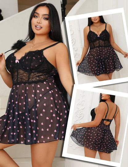 comeondear Babydoll Negligee Plus Size Lingerie Set with Push-Up Cups – Black XL