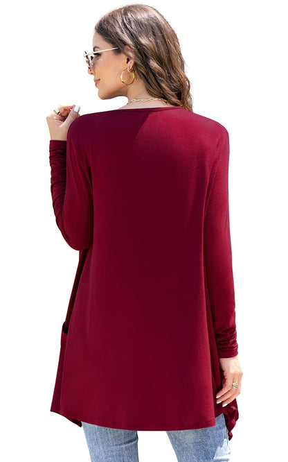 Women's Knit Kimono Cardigan Long Sleeve Lightweight with Pockets High-Low Drape – Wine Red M