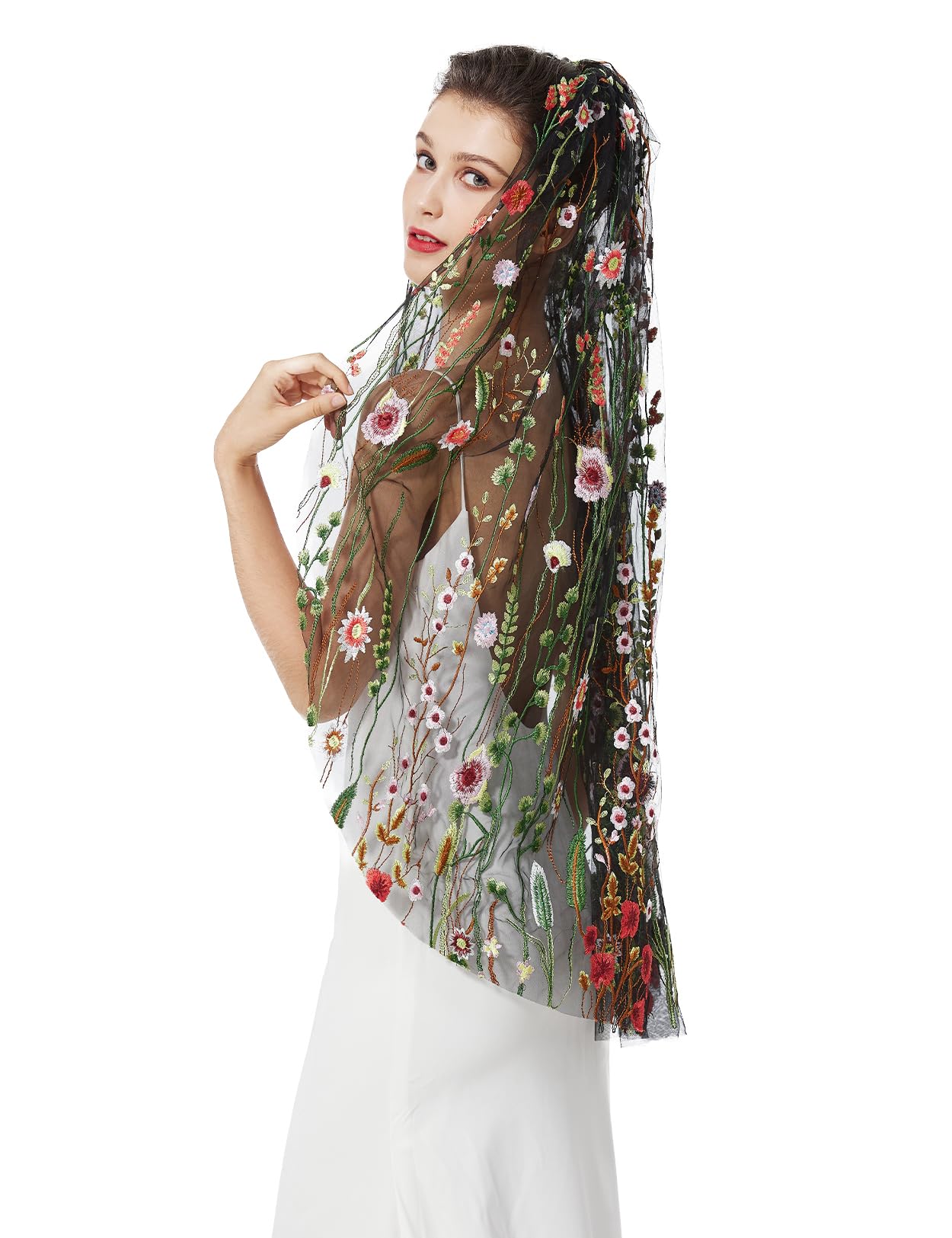Fingertip Floral Embroidered Tulle Bridal Veil 1-Layer with Comb – White