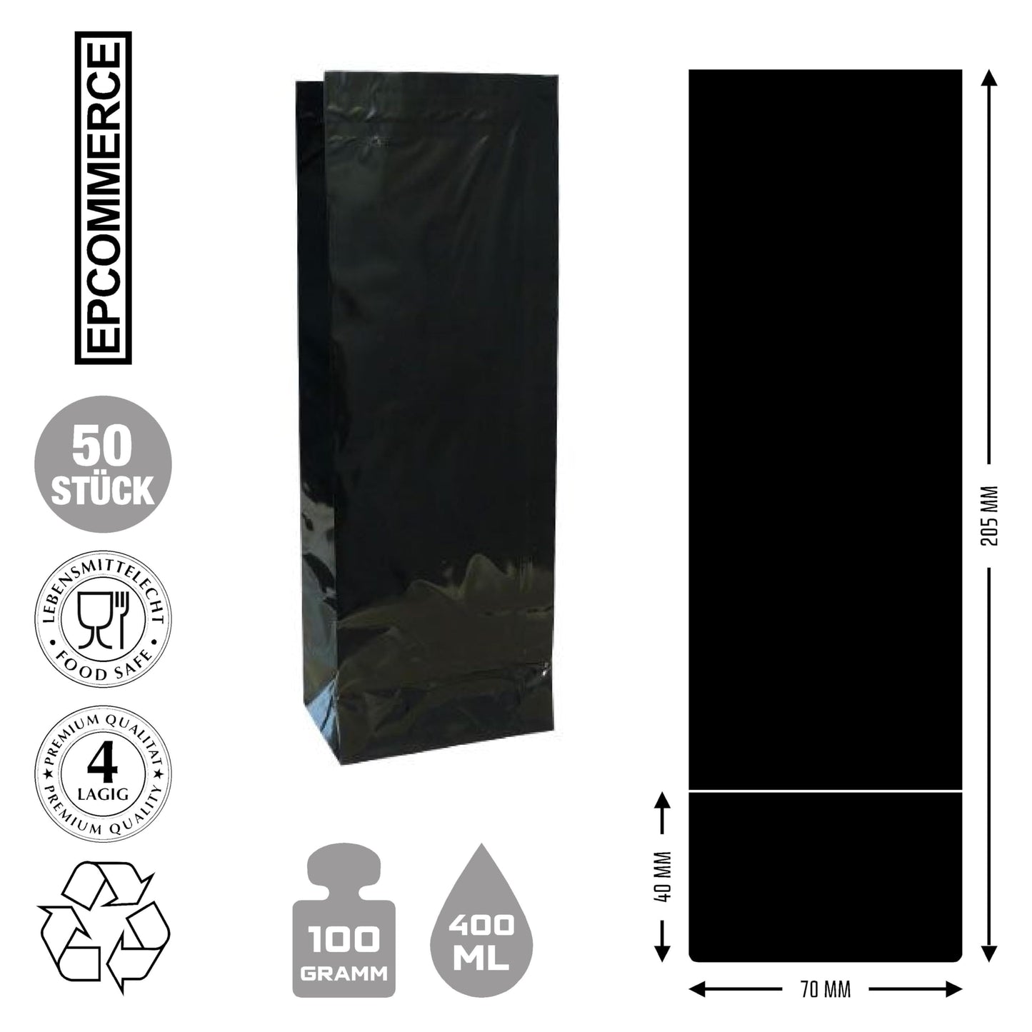 Flat-Bottom Gift Bags 50-Pack 4-Ply Black 400ml Food-Safe
