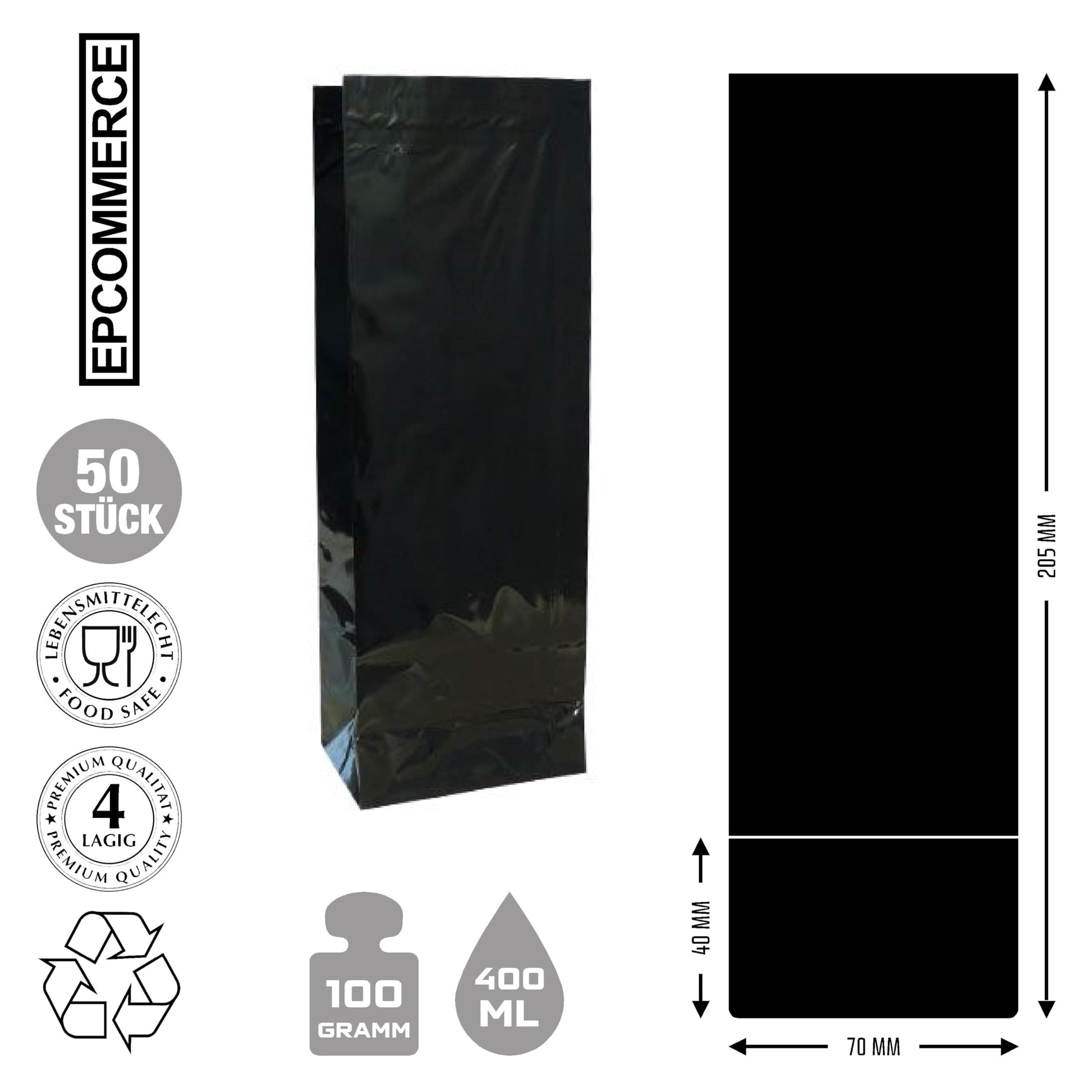 Flat-Bottom Gift Bags 50-Pack 4-Ply Black 400ml Food-Safe